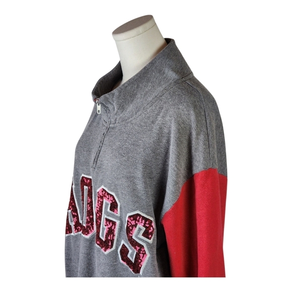 PINK Victoria’s Secret HOGS Sequin Half Zip Pullover Gray Red Sz Medium - Picture 2 of 10